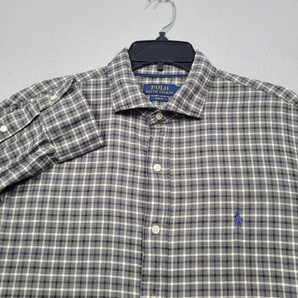 Polo Ralph Lauren Mens Slim Fit Plaid Button Down Shirt Grey Blue Large 0817